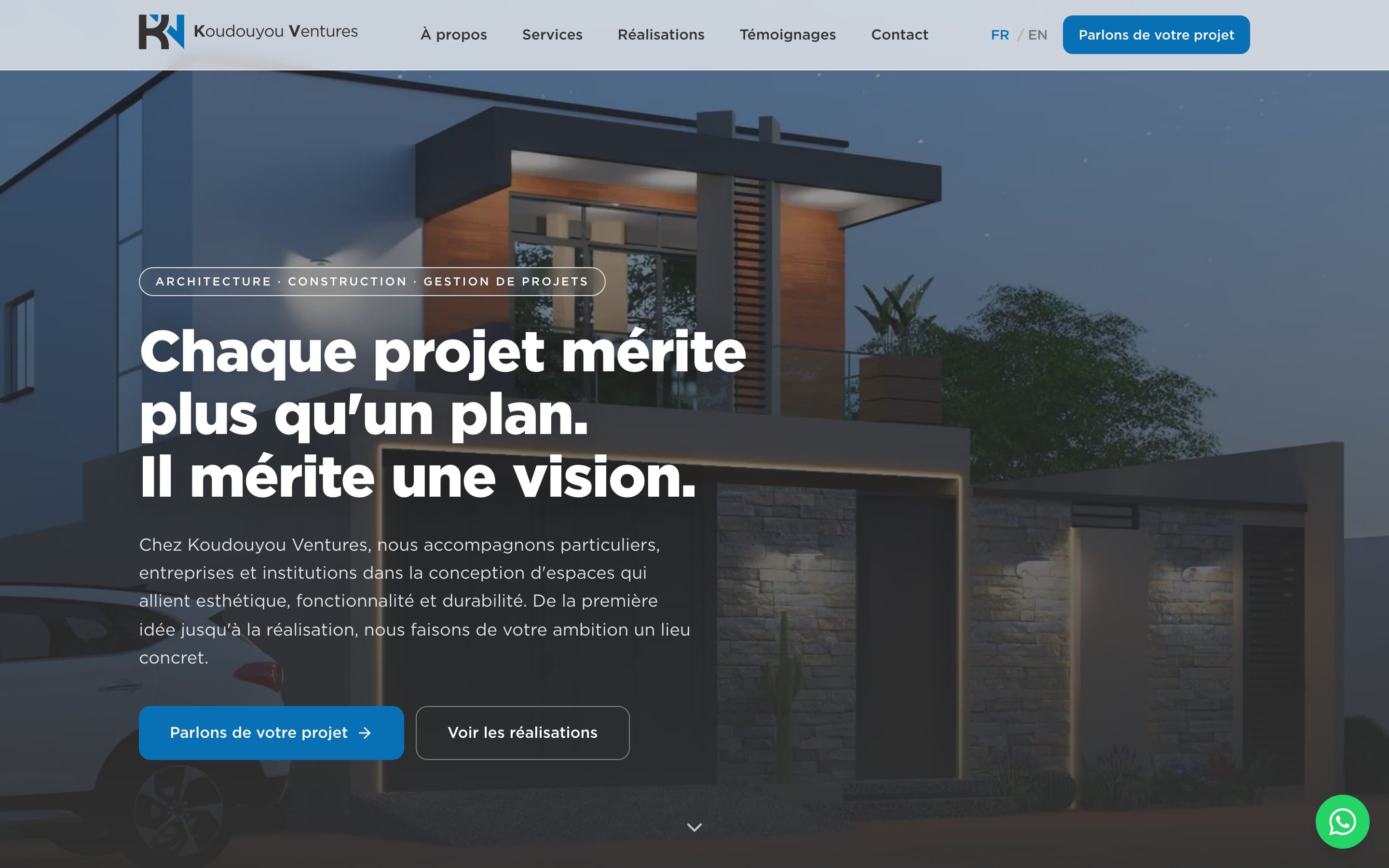 Koudouyou Ventures homepage: 3D render of a contemporary villa with the line "Every project deserves more than a plan"