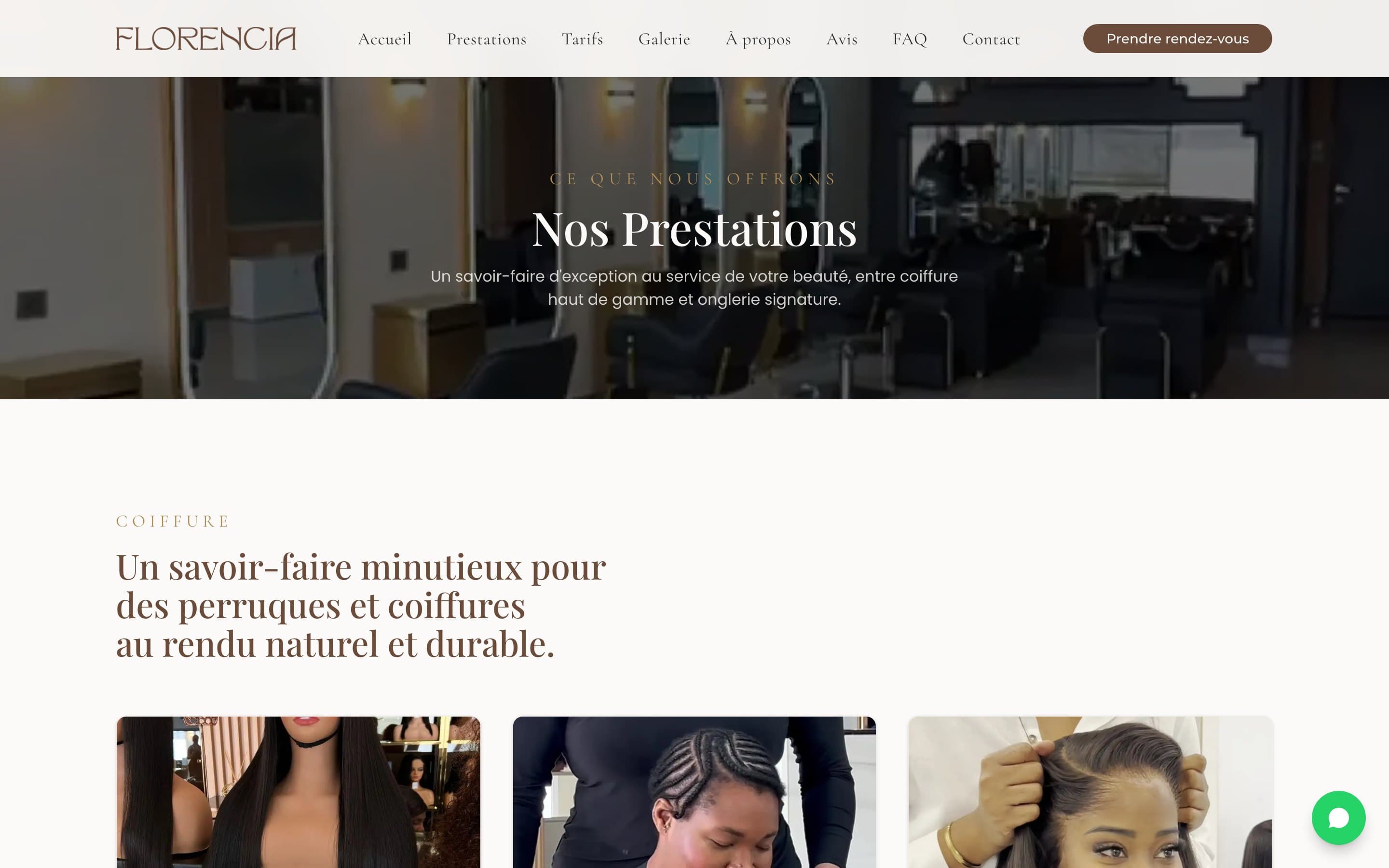 Florencia services page showing the hair and nail sections